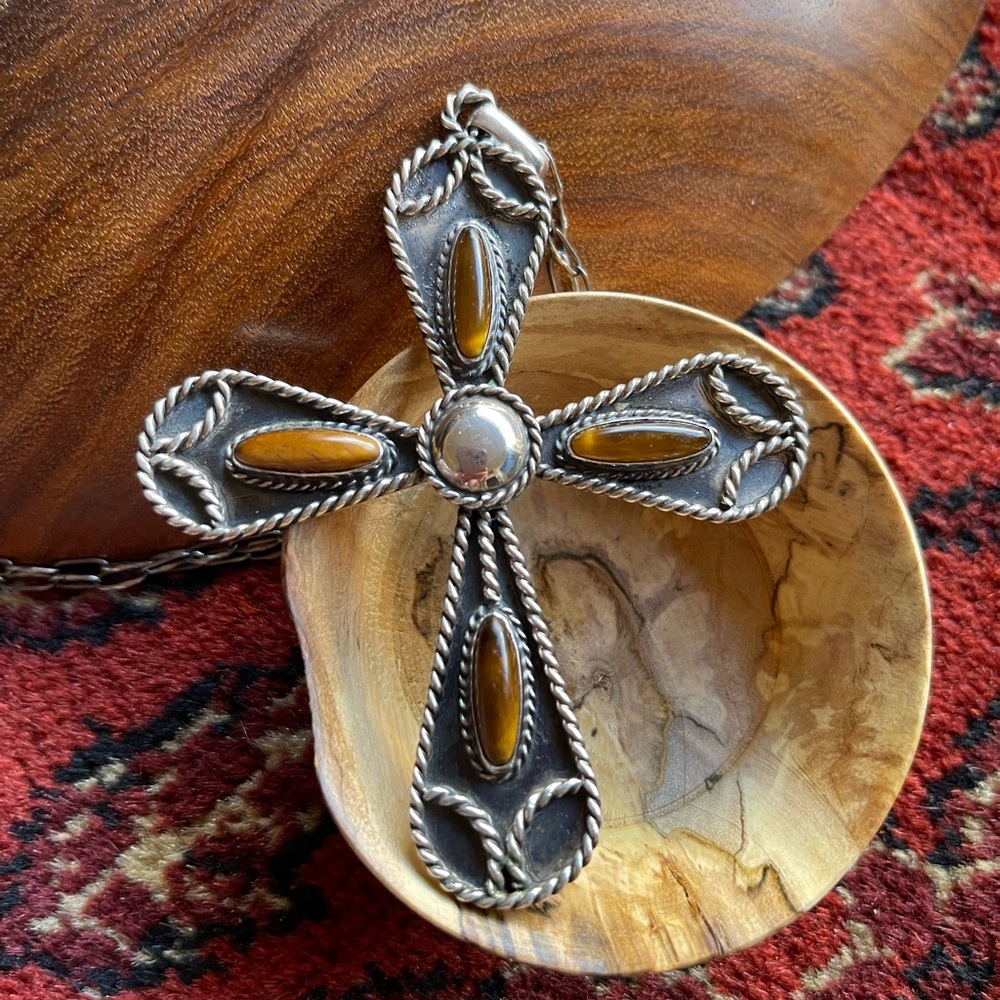 Outstanding Sterling & Tiger’s Eye **BIG** Statement Cross Necklace Mexi…